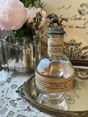 Vintage Blantons glass bottle antique brass horse jockey Equestrian old money